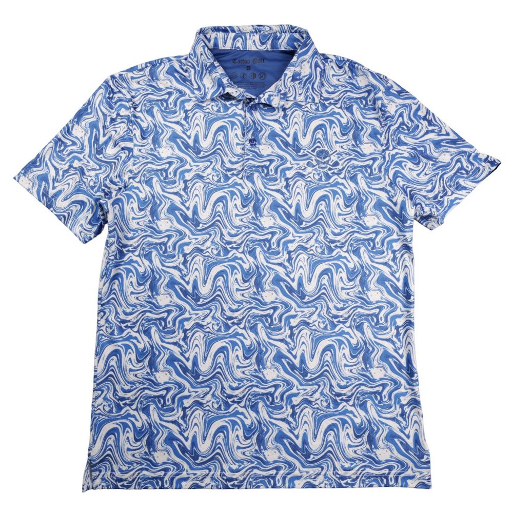 Tattoo Golf Short Sleeve Polo Men Size Small Blue White Swirl Breathable Casual